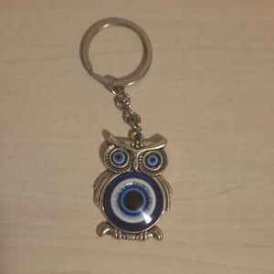 Metallic Silver-Toned Owl Keychain with Evil Eye Protection Charms